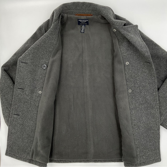 American Eagle Wool Blend Pea Coat Grey Double Breasted Pockets Collared VGUC M - Picture 6 of 14
